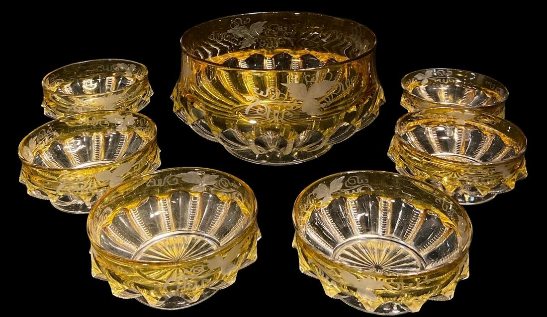 EAPG DUNCAN & SONS Zipper Slash Amber Etched Berry Bowl Set (1 of 7)