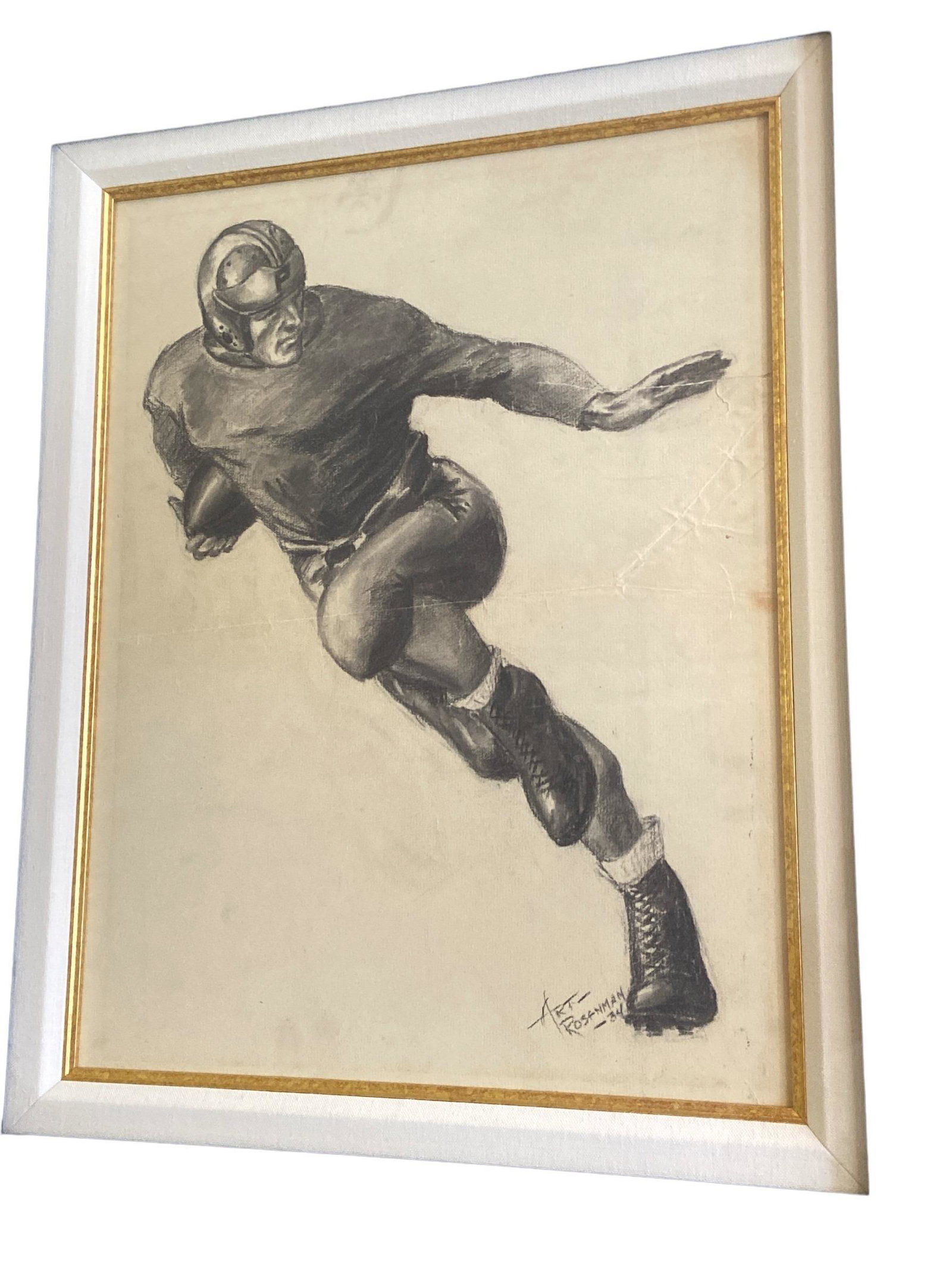 Illustration Artist Arthur Rossman Pencil Sketch of Football Player, HEISMAN 1934: In frame 25.5" H x 22" W; Just the sketch measures 13.5" W x 17.5" H