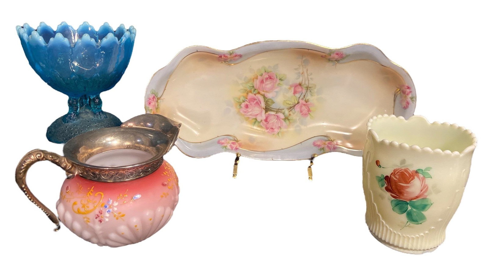 Four Victorian Floral Hand Painted Glass Articles FENTON, ROYAL RUDOLSTADT (1 of 8)