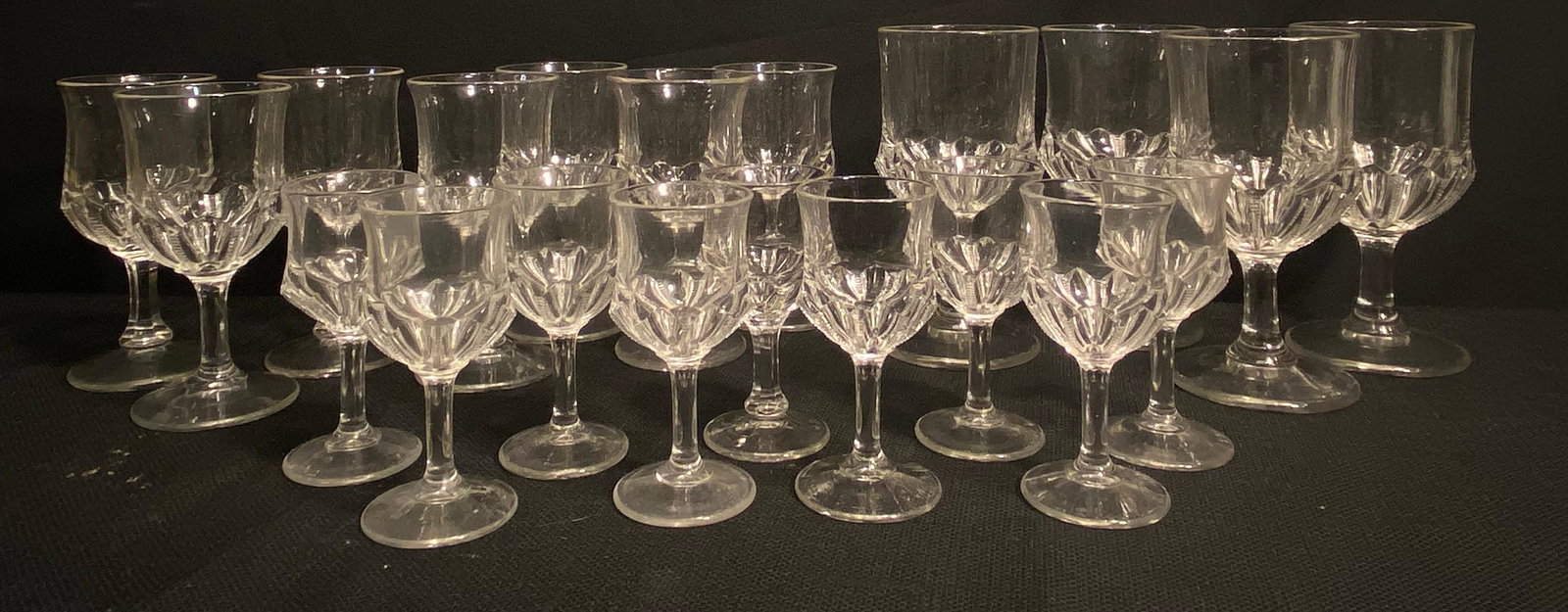 Assorted EAPG DUNCAN & SONS Zipper Slash Drinkware: Water goblets measure 6" H x 3" DIA, wine glasses measure 5.25" H x 2.75" DIA, cordials measure 4.25" H x 1.75" DIA