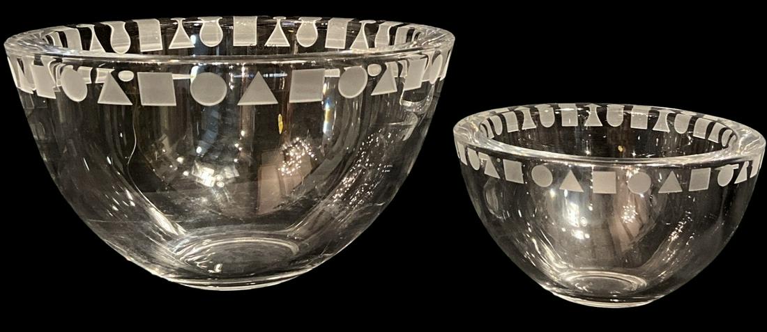 WARD BENNETT For SASAKI Geometric Crystal Bowls: Larger bowl measures 5" H x 8.75" DIA ; Smaller bowl measures 3.25" H x 6" DIA