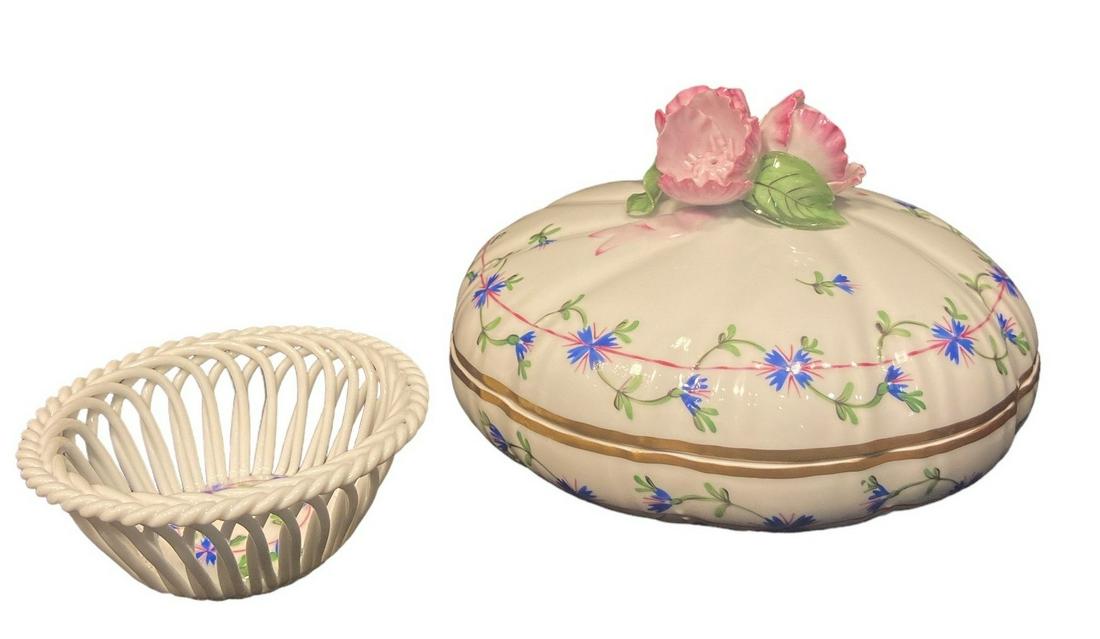 HEREND Porcelain Floral Trinket Jewelry Box & Basket (1 of 7)