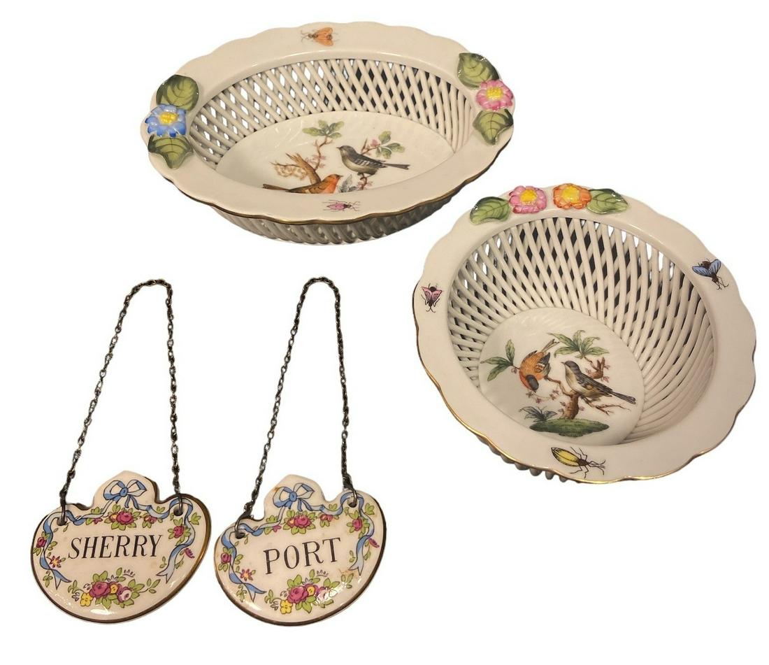 Two HEREND Porcelain Woven Bird Baskets & STAFFORDSHIRE Liquor Tags: Largest basket measures 1.75" H x 5.5" W x 4.25" D; Liquor tags are 1.75" H x 2" W with 3" Chain Drop