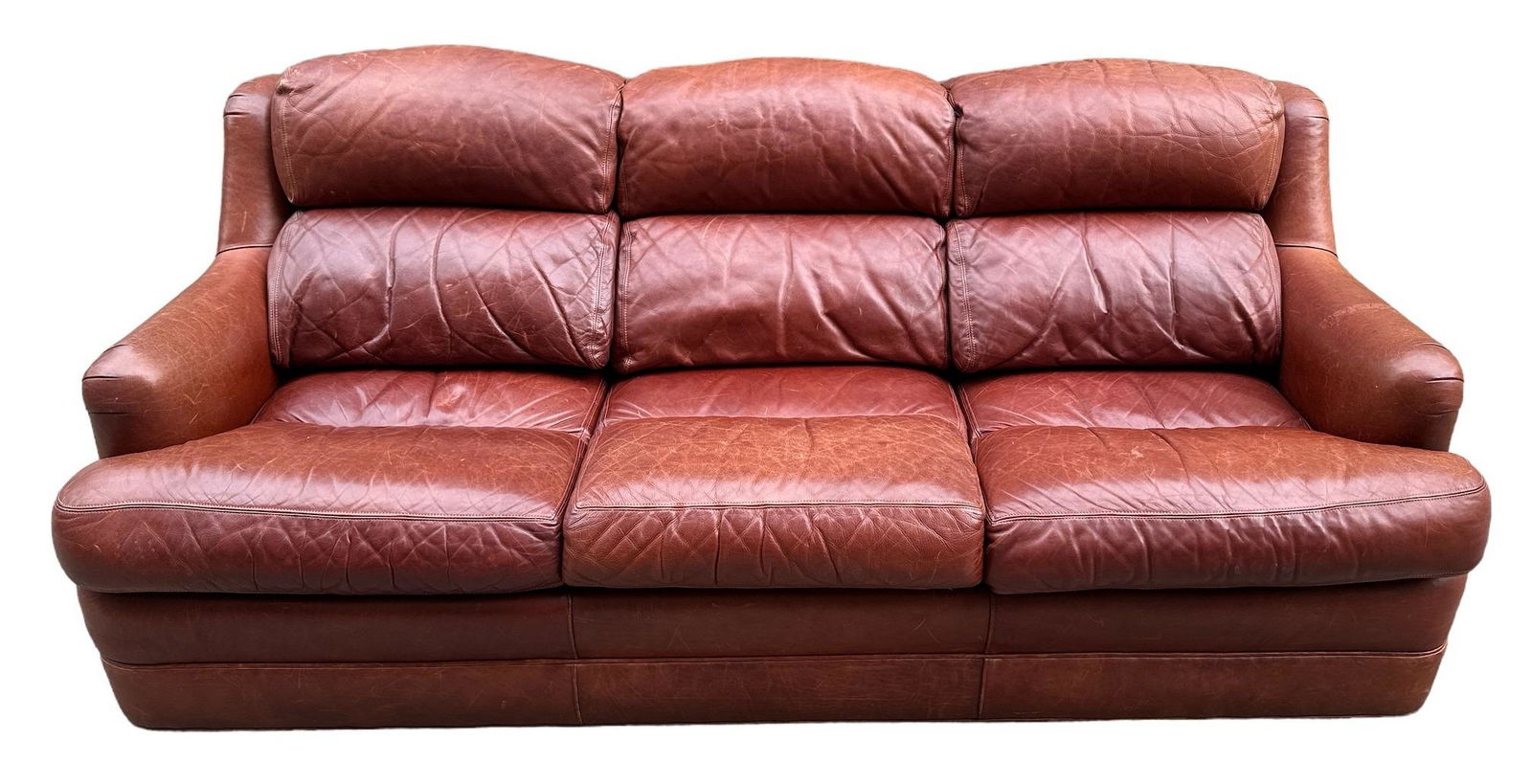 In the Manner of DE SEDE Brown Leather Sofa: 33" H to back x 17" H to seat x 80" L x 36" D