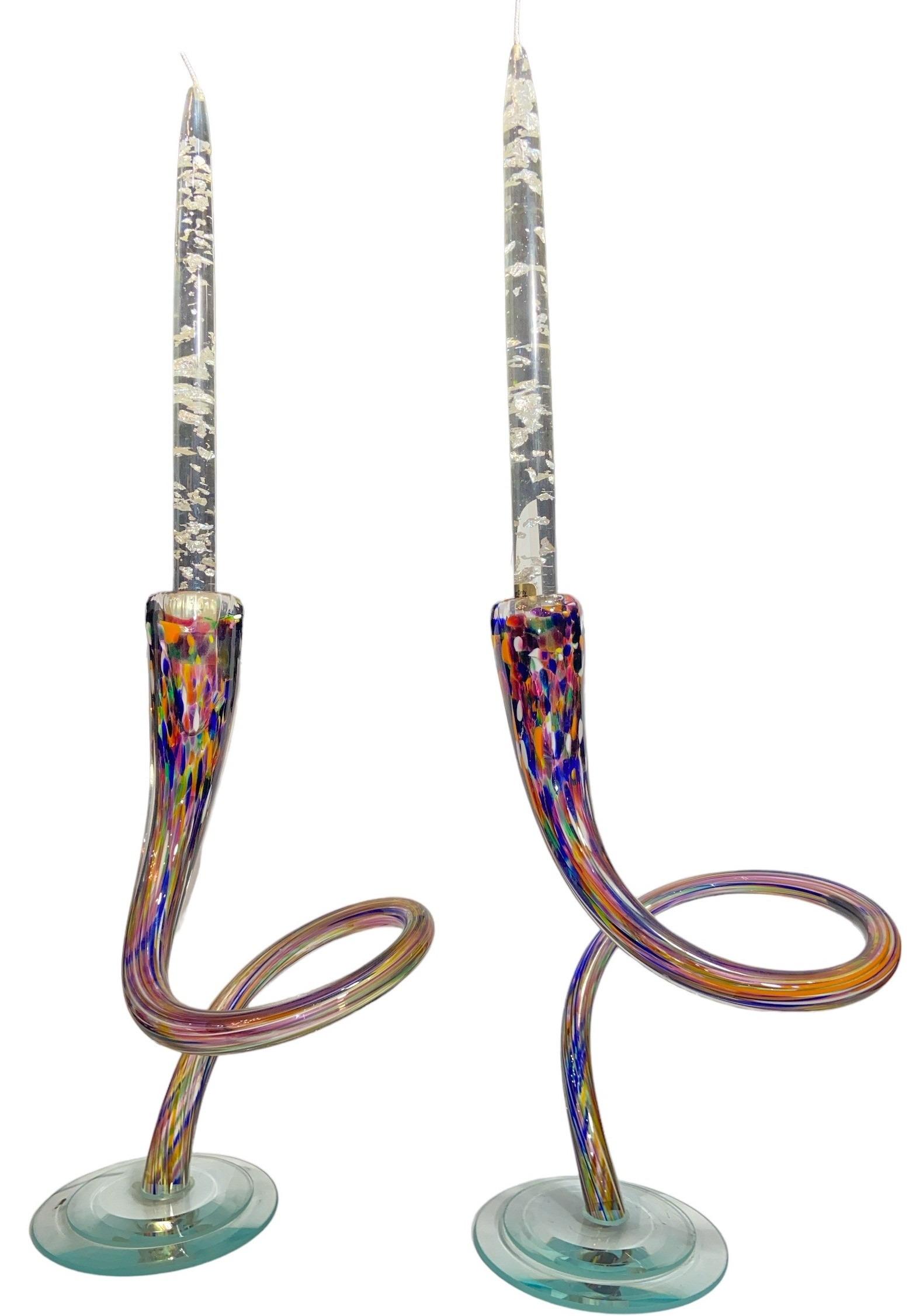 Mid Century Confetti Glass Candlesticks w/ Lucite Silver Flake Candles (1 of 3)