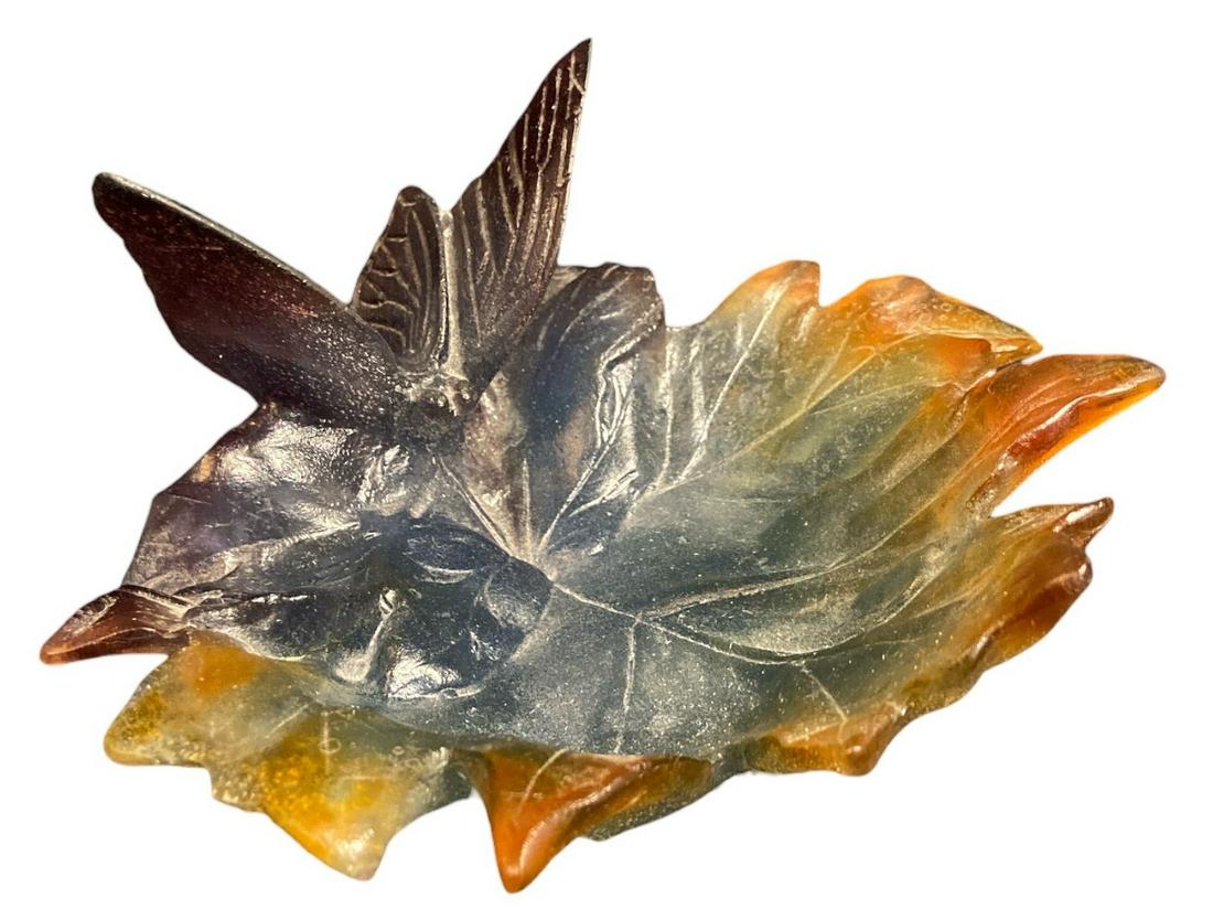 Signed DAUM FRANCE Pate De Verre Butterfly Dish: 3.5" H x 7" W x 7" D