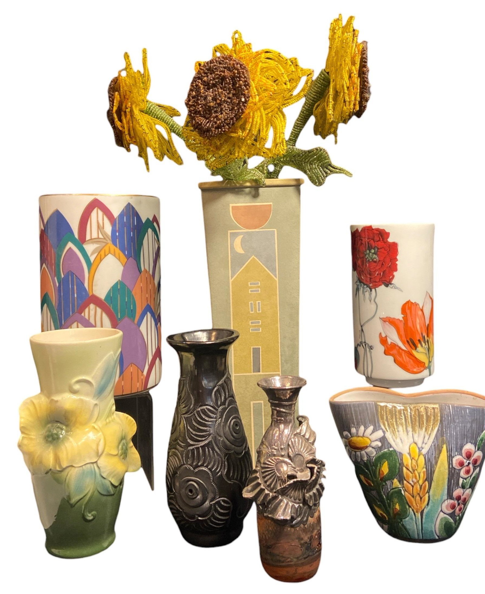 Mid Century to Post Modern Floral Vases: Largest vase measures 12.75" H x 4.25" W x 2.25" D. Artists include LIMOGES, DONA ROSA, etc.