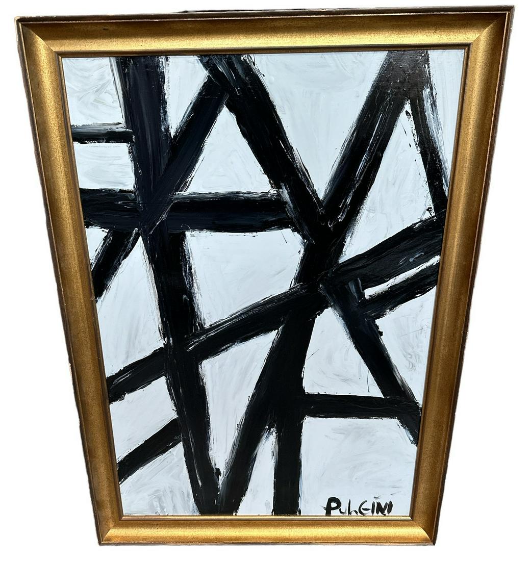 Black and White Abstract Oil on Board signed PULGINI (1 of 6)