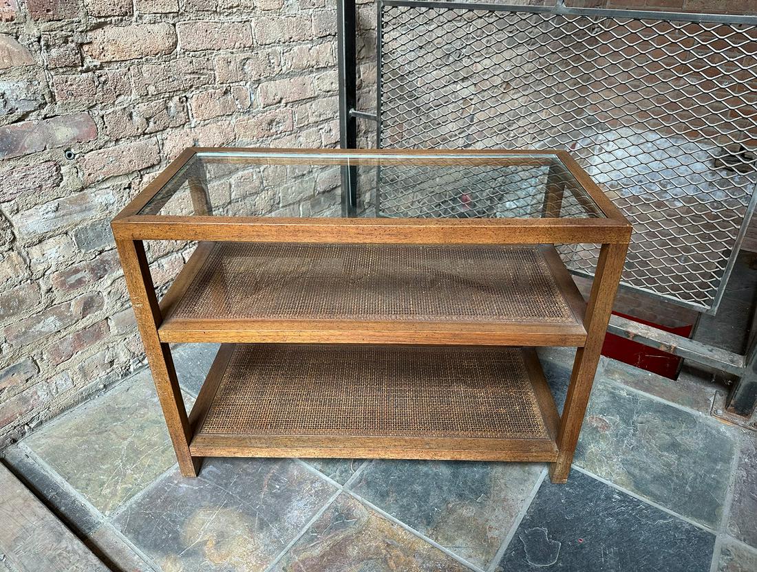 Mid Century after PAUL MCCOBB Rattan and Glass Console Table: 22" H x 30" L x 14" D
