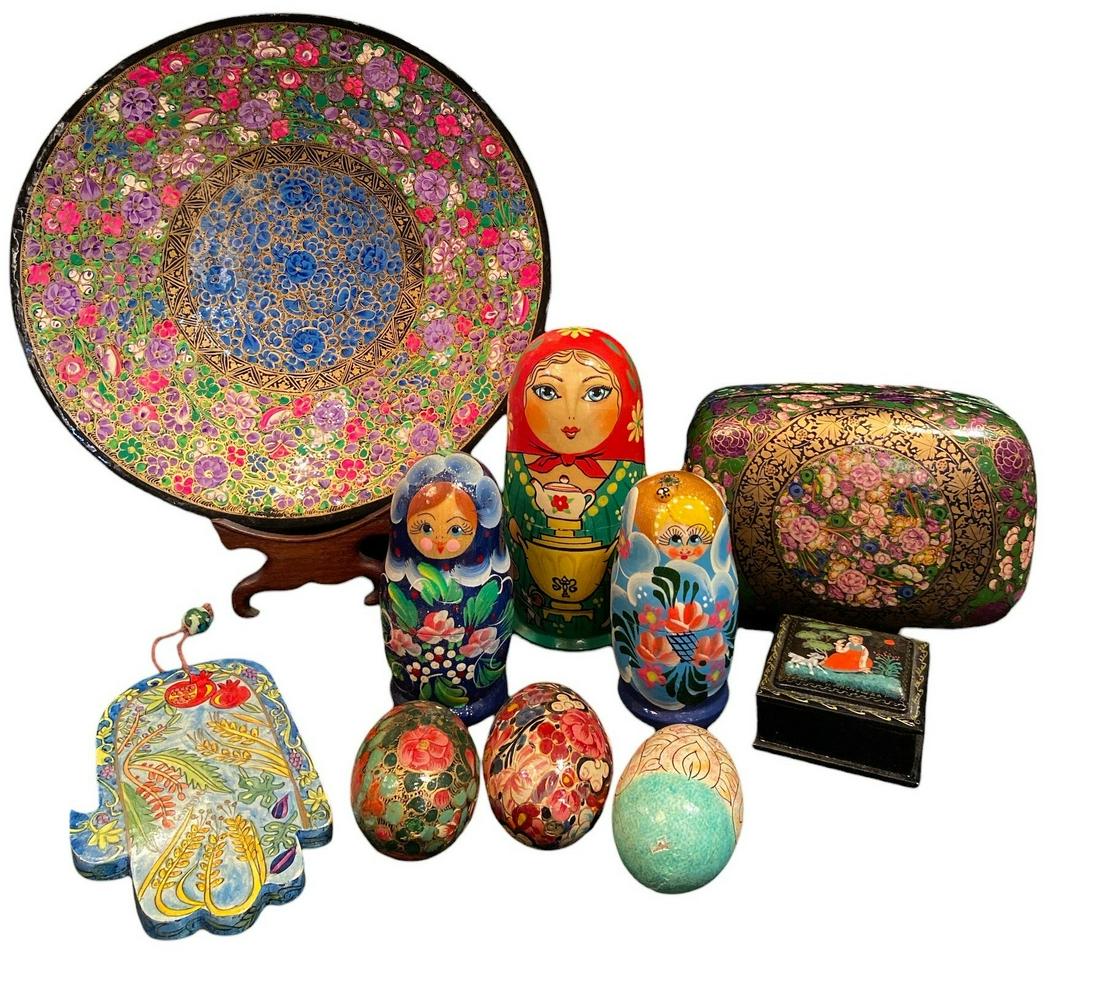 Collection Russian Hand Painted Folk Art Articles Nesting Dolls: Largest piece measures 2.25" H x 9.5" DIA