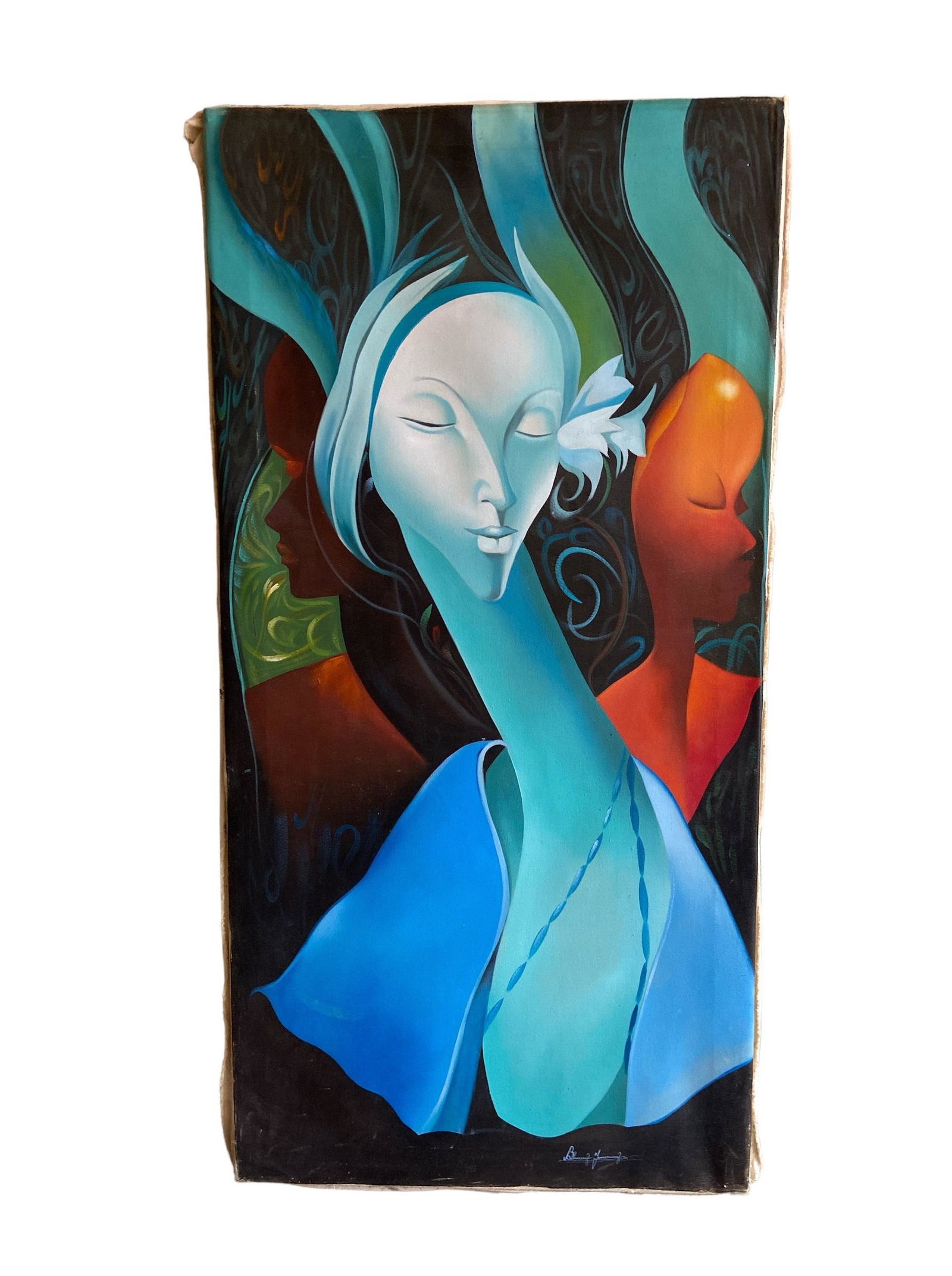 Mid Century After BERNARD SEJOURNE Haitian Oil on Canvas: 20" W x 40.25" H x 0.5" D