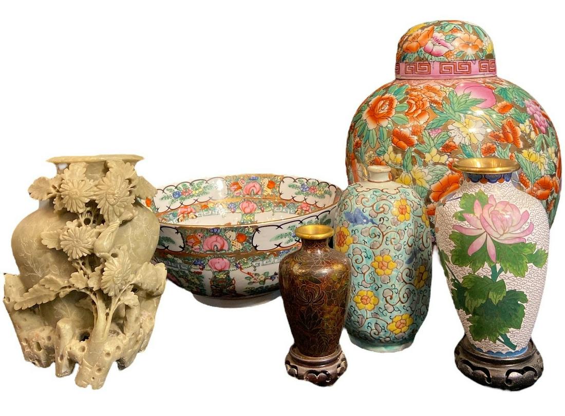 Collection Chinese Rose Famille Porcelain & Soapstone Ginger Jar, Vases, & Bowl (1 of 4)
