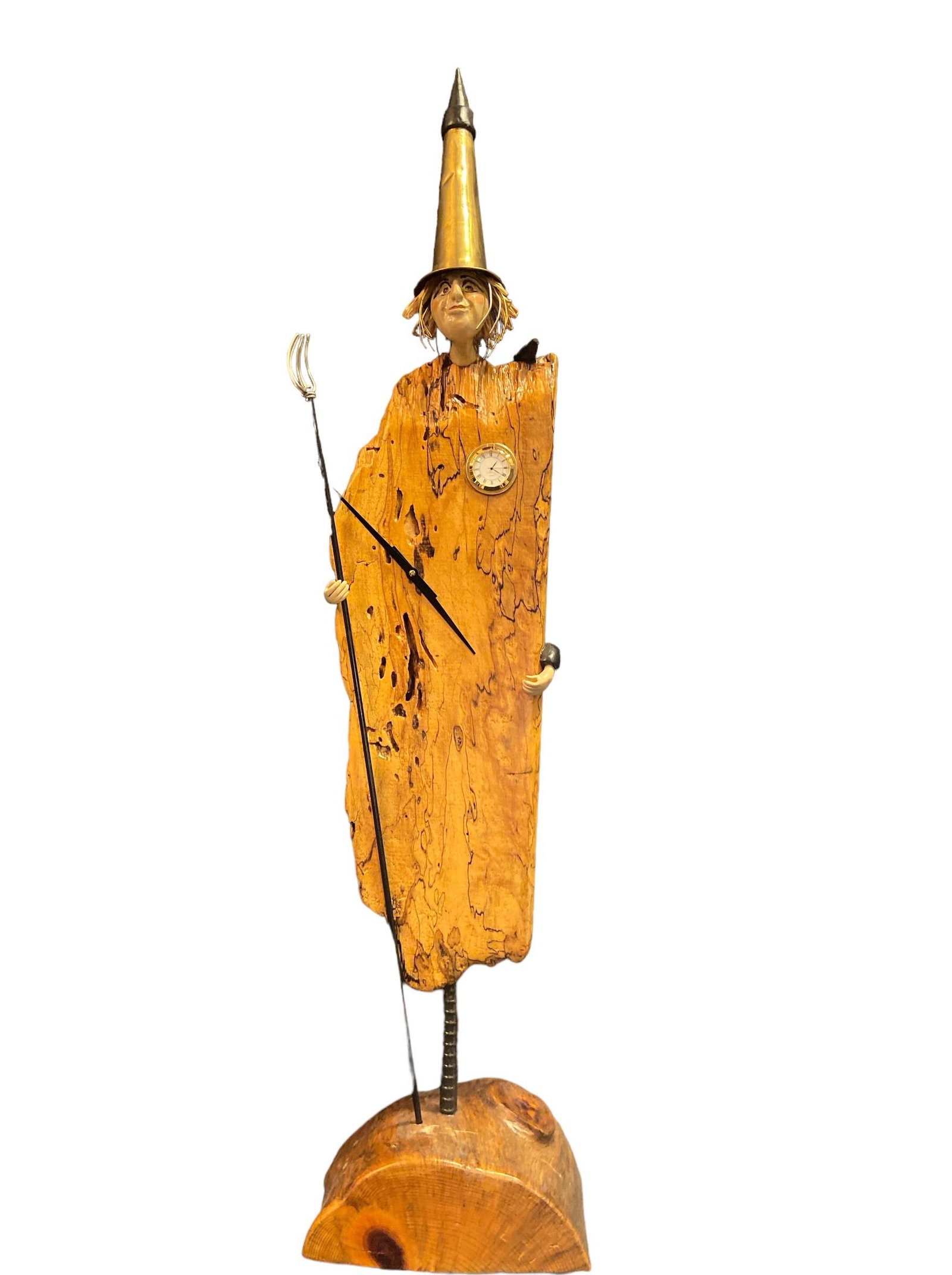 T ASHINGER Post Modern Driftwood Witch Clock: 37.25" H x 8.5" W x 4.75" D, signed T. Ashinger