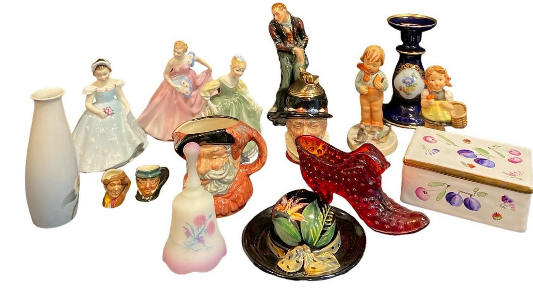 Collection FENTON, ROYAL DOULTON, HUMMEL, Figurines: Largest measures 7.25" H x 3" W