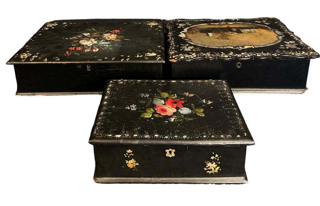 Collection Victorian Mother of Pearl Inlaid Papier-Mache Travel Lap Desks (1 of 5)