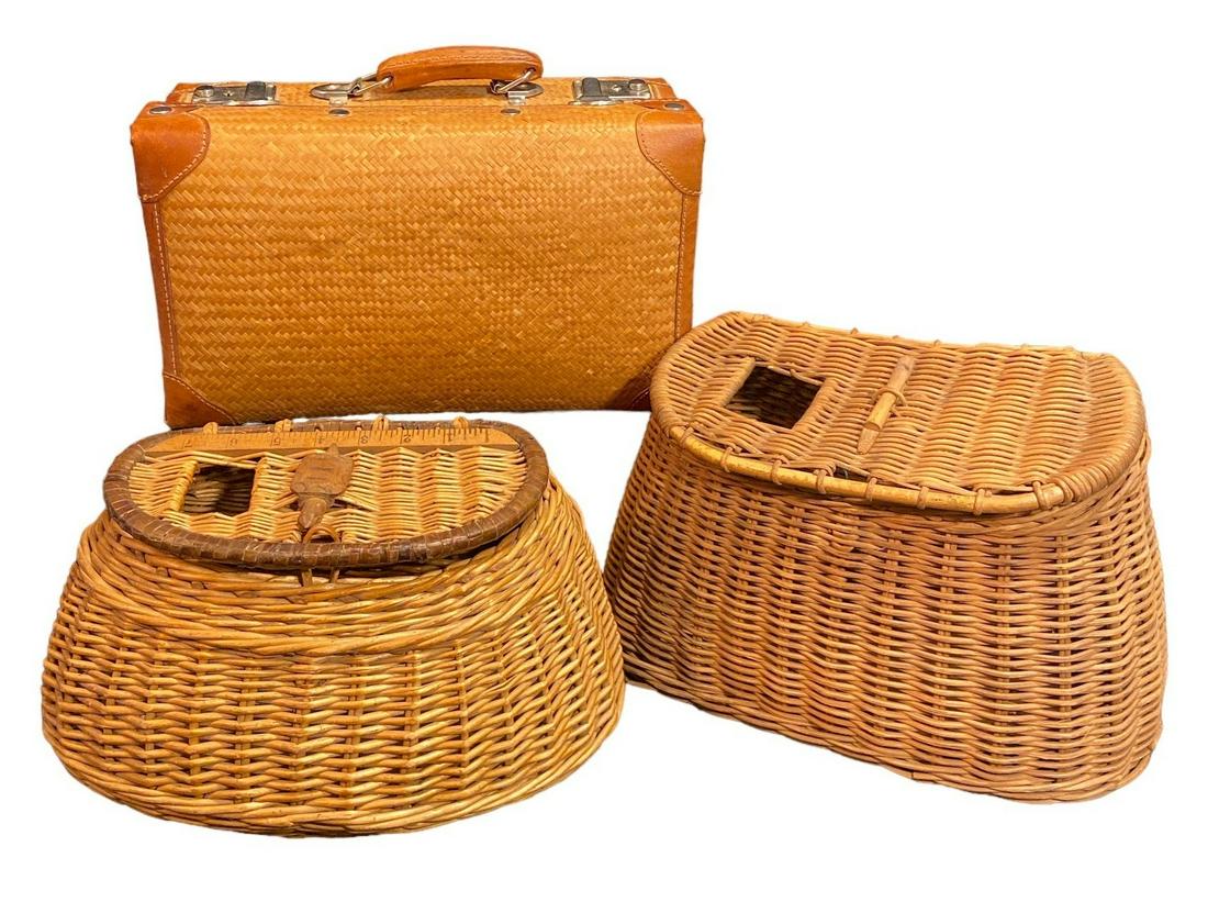 Collection Vintage Wicker Fly Fishing Creels w Picnic Basket (1 of 6)