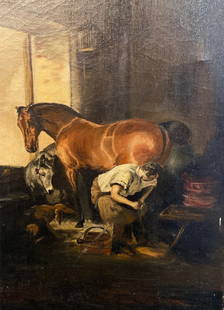 Early 20th Century Oil on Canvas of Sir EDWIN HENRY LANDSEER "Shoeing": This is not an original but it is an early reproduction; Measures 17.5" W x 24.25" H