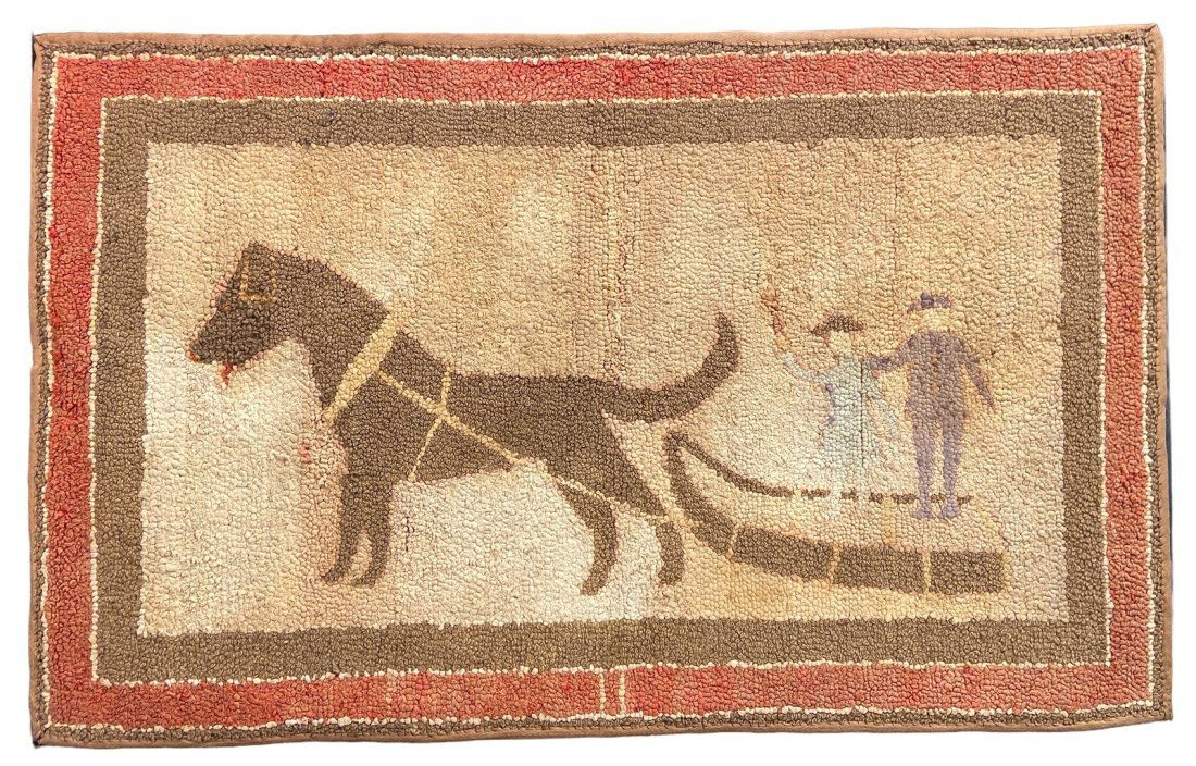 Folk Art Hook Rug of Man, Woman, Horse Plowing Field (1 of 5)