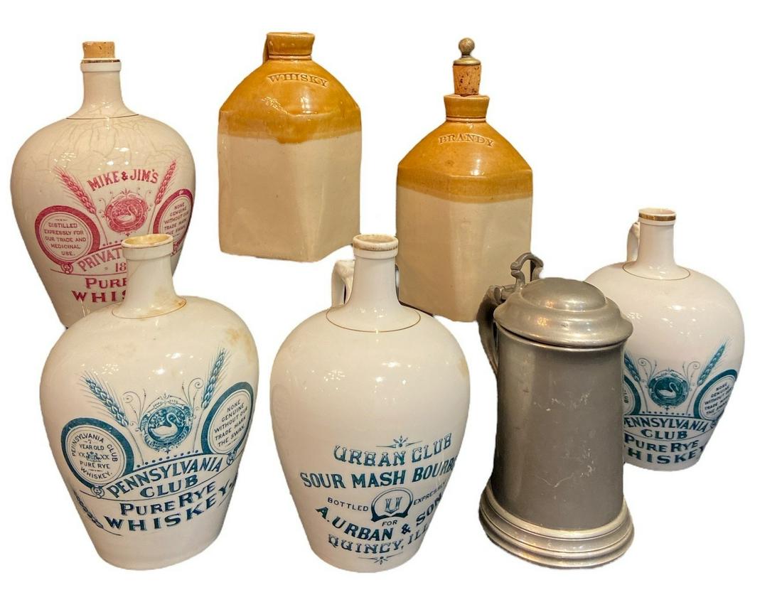 Collection Old Advertising Jugs Whiskey Bourbon Brandy (1 of 5)
