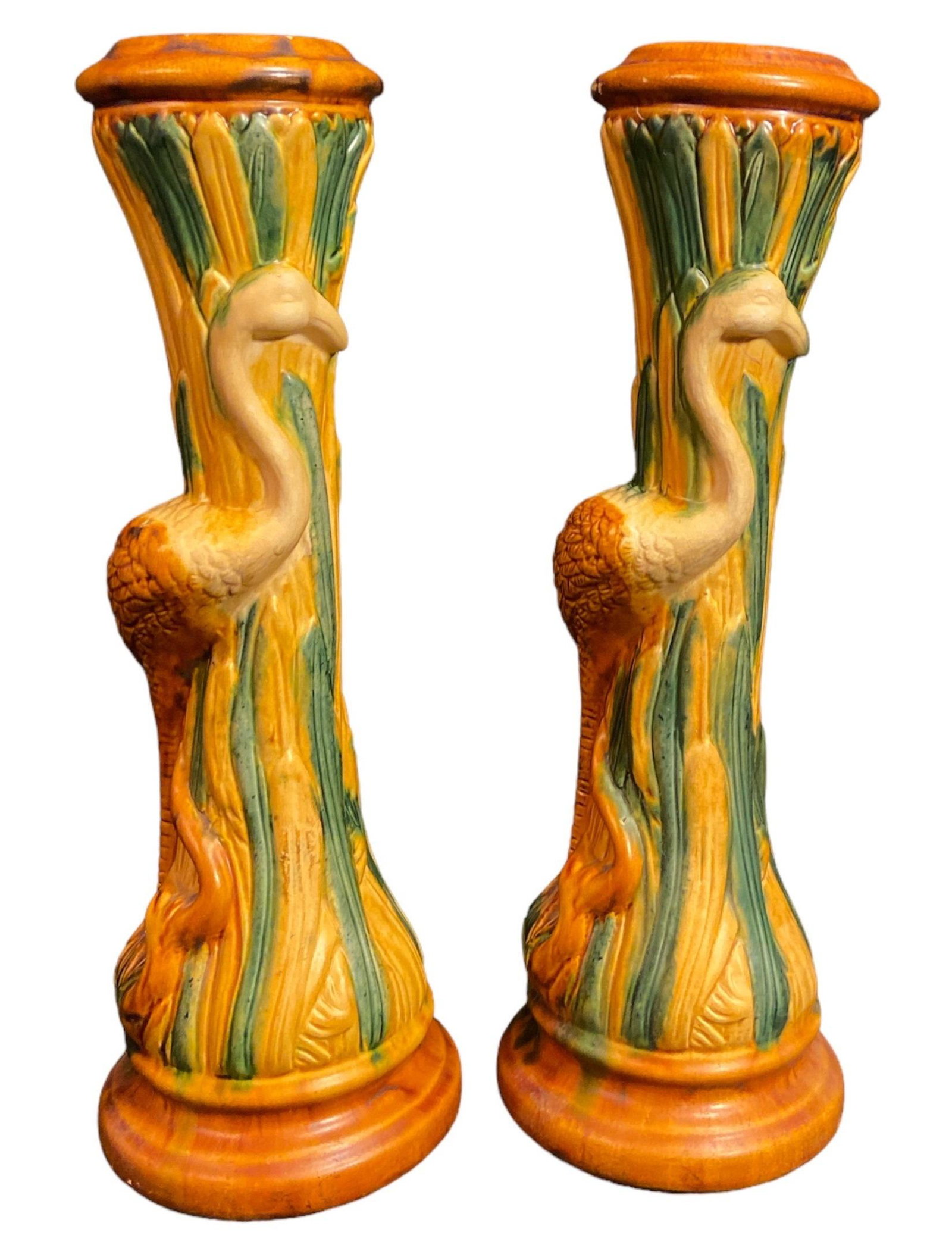 Pair 20th C Majolica Style Egret Pedestals: Both measure 15" H x 5" DIA at the base