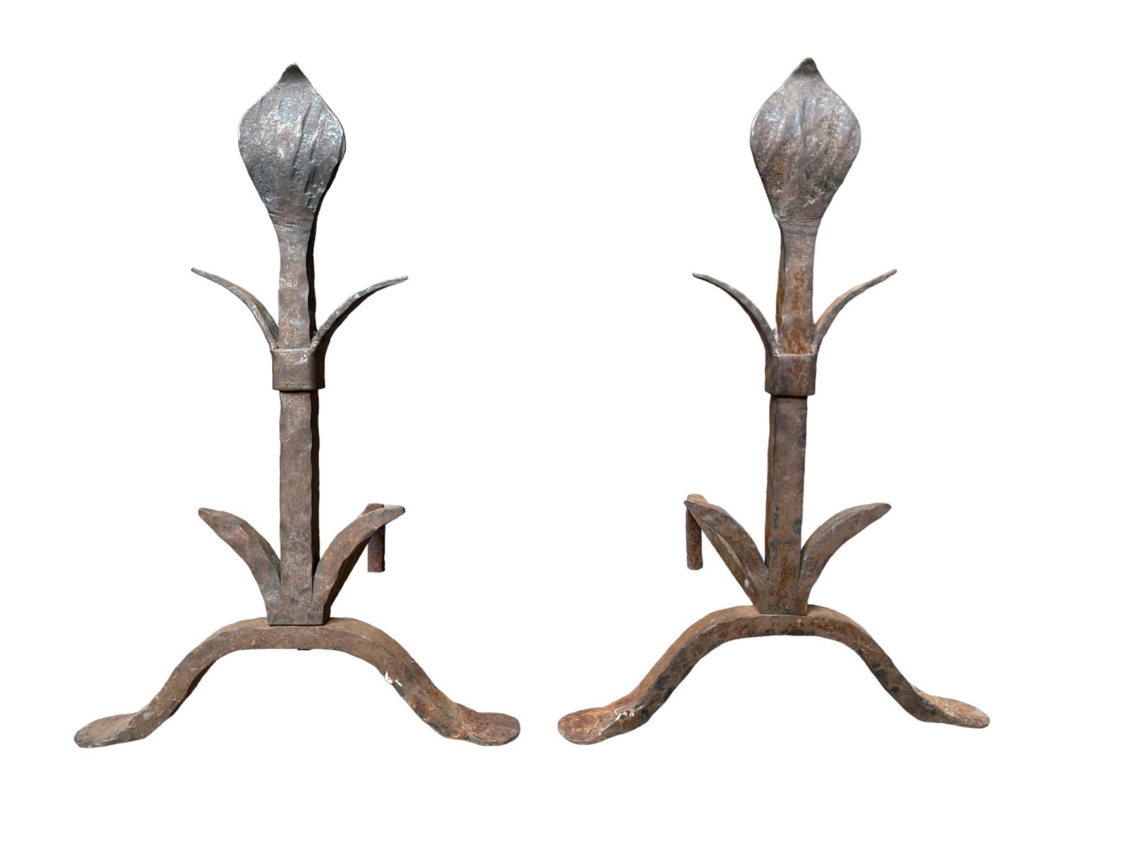 Antique Fleur De Lis Wrought Iron Andirons: 21.5" H x 15" W x 14.5" D