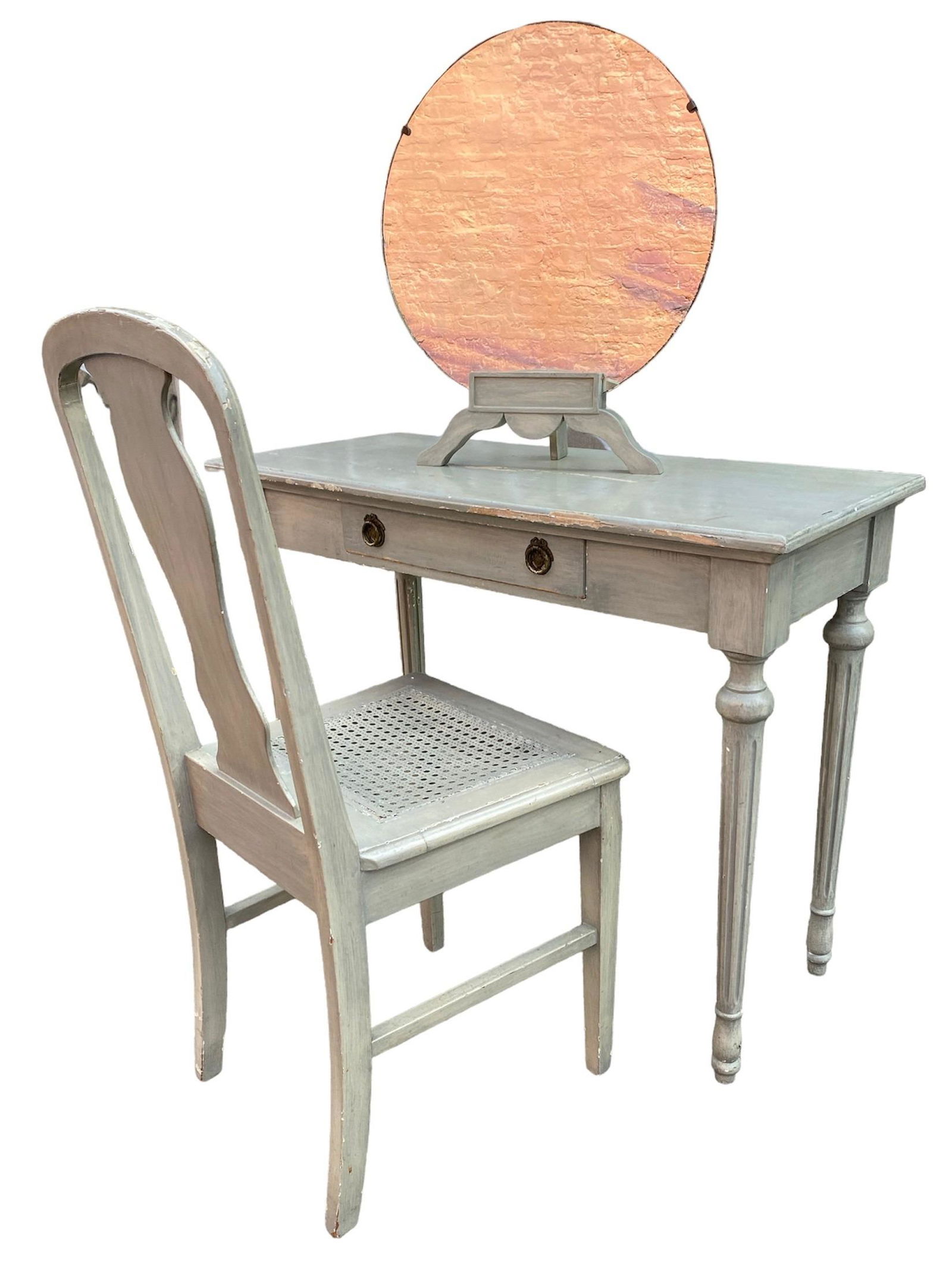 20th C French Milk Painted Vanity Desk, Chair, Mirror (1 of 3)