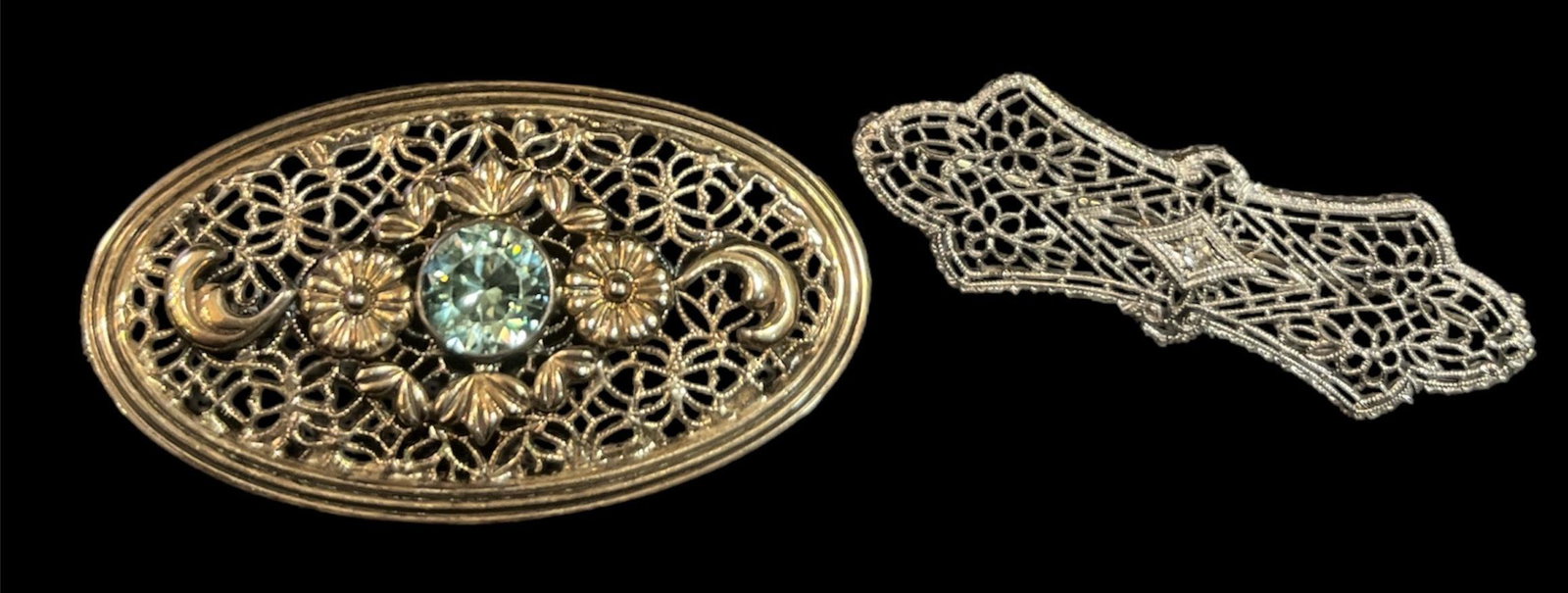 Two Art Deco Brooches 14K Gold w/ Diamond & Sterling Silver w/ Blue Facet Cut Stone (1 of 4)