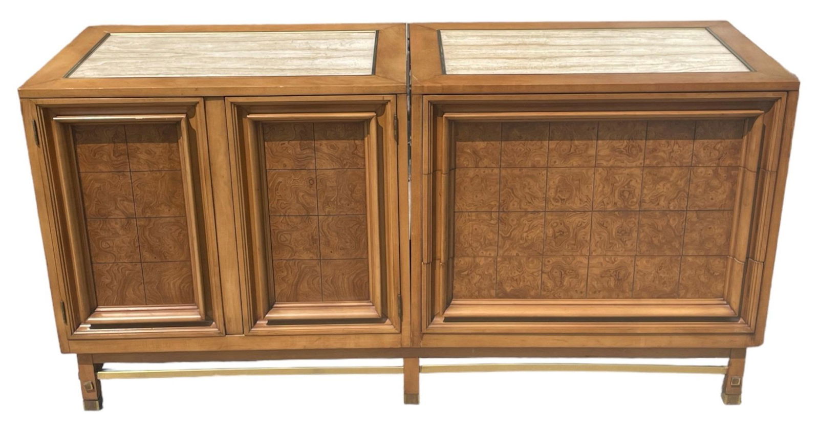 Mid Century METZ Travertine Top Sideboard: Metz inset Travertine Panel Top Chests that sit on a brass base; One chest has drawers, 31.5" H x 60" W x 19" D; The base is labeled Heathered Cherry; Marked Metz on Inside of one drawer