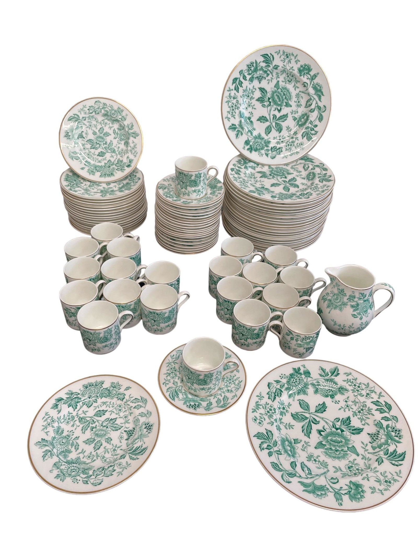 WEDGWOOD Avon Green Bone China Tea Set: Largest plate has 8.25" DIA, saucer and teacup has 5" DIA and height of 3", cup measures 2.25, creamer measures 4" H x 4" DIA. Includes 21 large plates, 21 cups, 1 creamer, 21 saucers, and 18 small pl