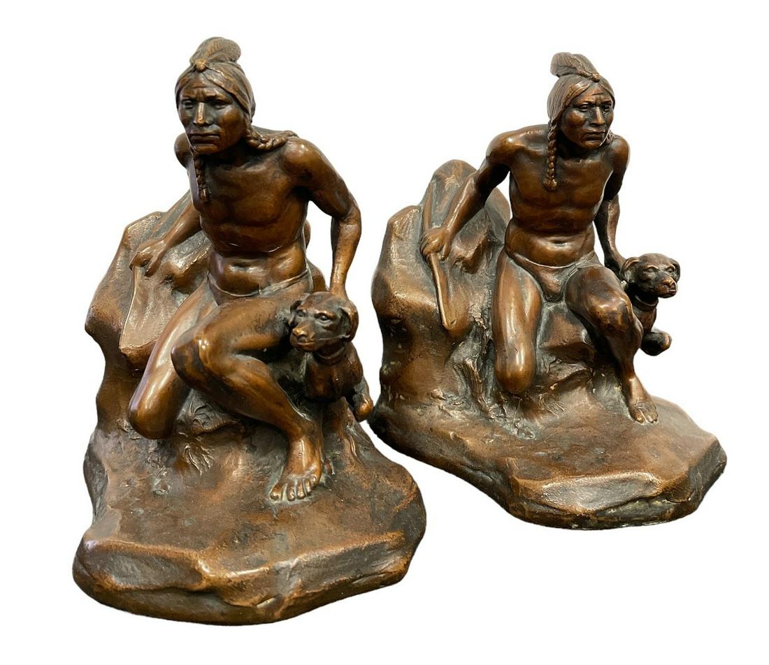Signed C. VEITH "Awaiting The Prey" Native American Sculptural Bookends (1 of 5)
