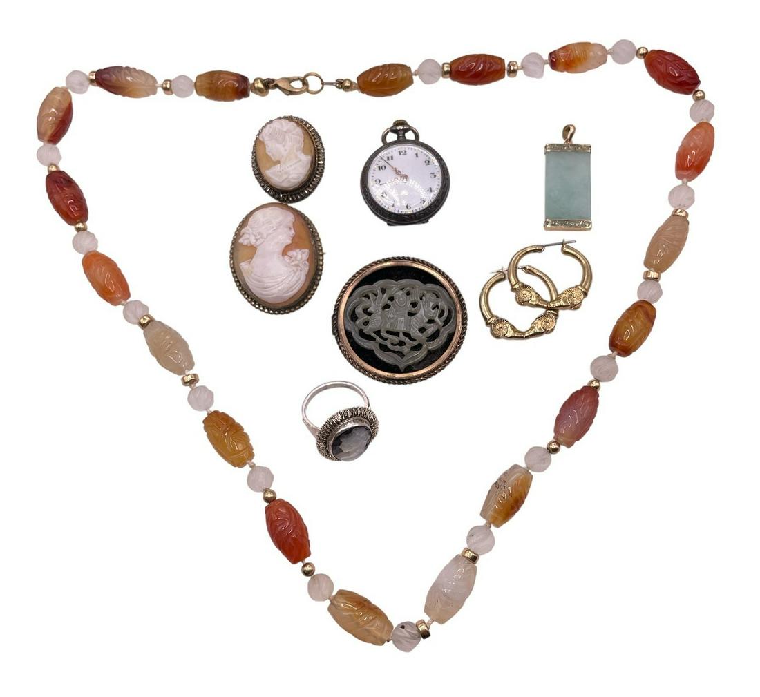 Collection Antique Jade, Cameo, Ladies Pocket Watch Jewelry Lot: ring is a size 7, tests for sterling but is stamped with 00 on it, 23 in long necklace Please contact Rivich Auction for additional information/questions