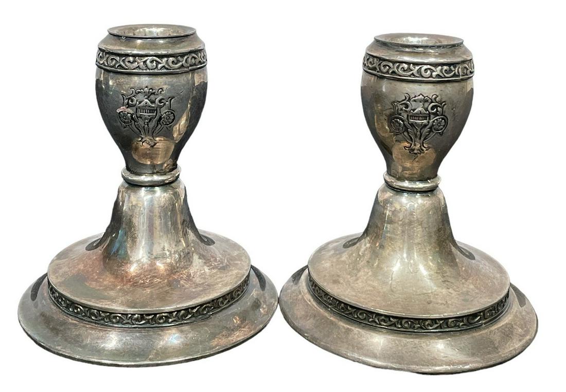 Triumph W.M Roger & Sons Silverplate Candleholders, Pair: each is 3.5" H x 3.5" DIA at the base x1" DIA for candle;Please contact Rivich Auction for additional information/questions