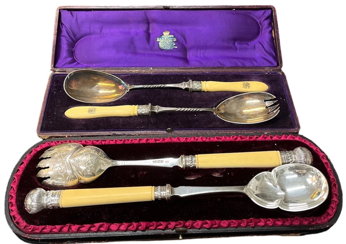 2 Belle Epoque Era Silver Salad Serving Sets in Case (1 of 4)