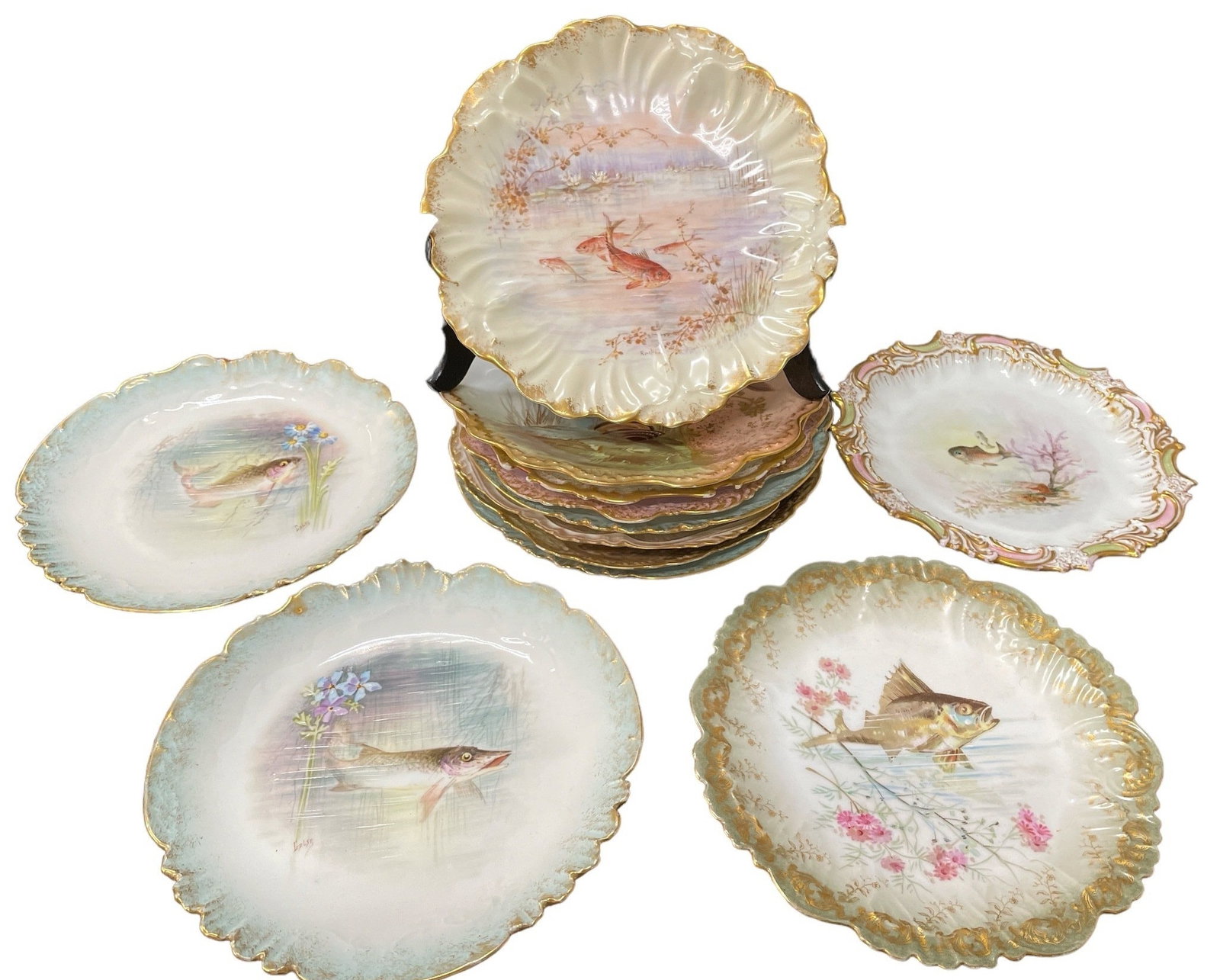 12 19th C LIMOGE French Fish Dinner Plates (1 of 4)