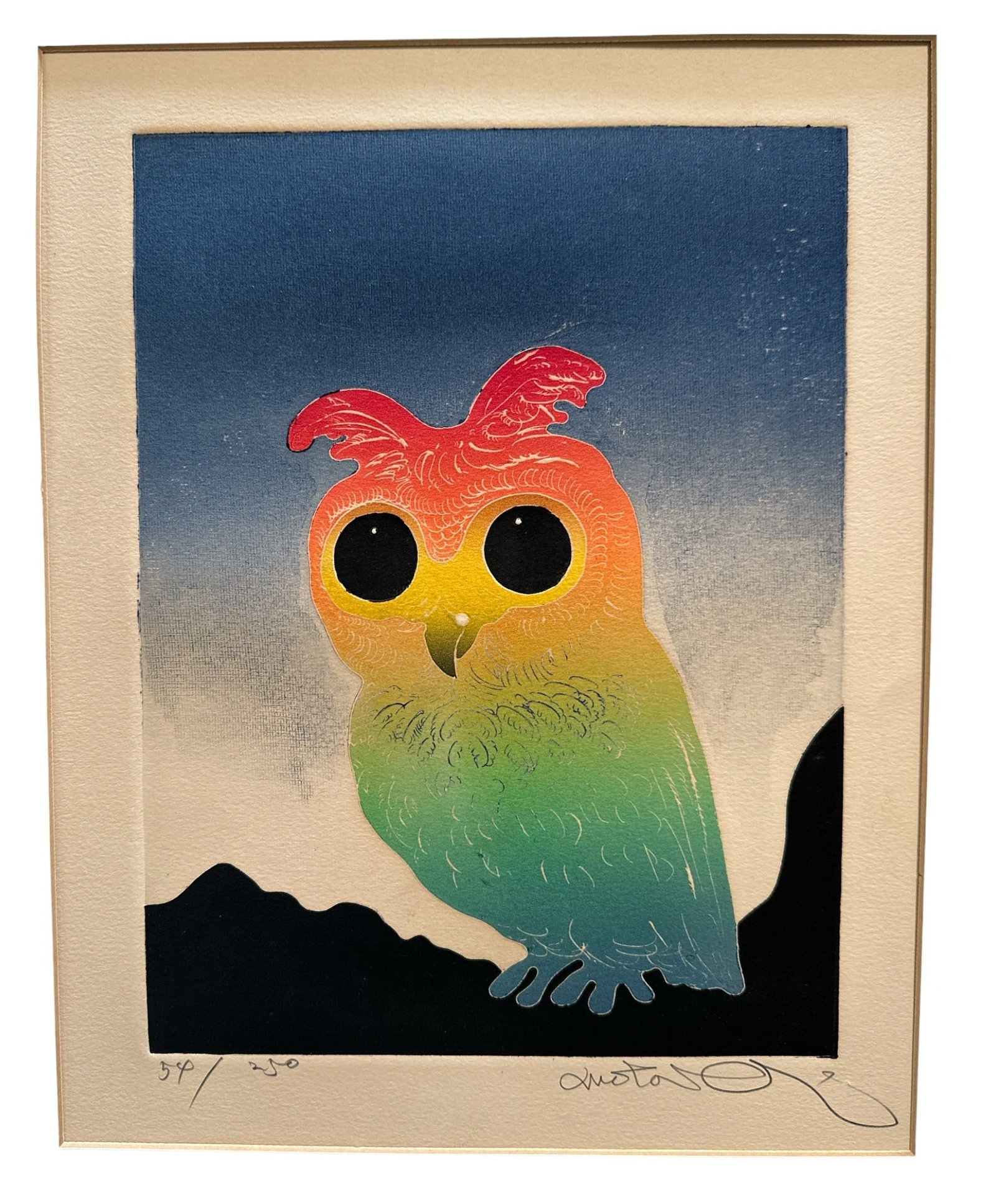 Mid Century Color Etching of Owl on Paper Signed MOTOI OI (1 of 4)