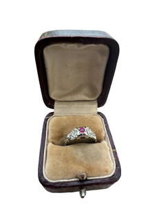 Art Deco 14k Gold Diamond Ruby Ring in org ring box: sz 4.5 , 1.4g , beautiful detailed workmanship in original 1920's ring boxPlease contact Rivich Auction for more information