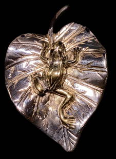 SERGIO BUSTAMANTE Sterling Silver Frog on Lily Pad Brooch Pin: Sergio Bustamante Sterling Silver with Gold Plating Frog on Lilypad Pendant with Original Wrapping Paper; Weighs approx 20g; measures approx 2" x 1.5"; Marked and Signed on back Please contact Rivich