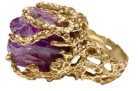 Modern Brutalist 14K Gold, Uncut Amethyst, & Diamond RIng: Total weight of 23.5 g; Ring Size approx. 5.5; Marked 14K on band, There are 3 diamonds each about 3 pointsPlease contact Rivich Auction for more information