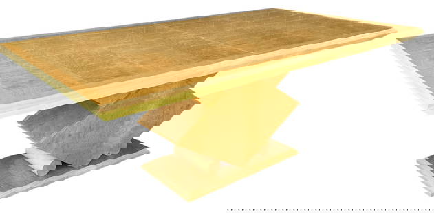 GIORGIO COLLECTION Memphis Postmodern Dining Table: 30" H x 78" W x 43" D; One extra leaf 43 x 17.75, Burr SatinwoodPlease contact Rivich Auction for more information