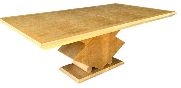 GIORGIO COLLECTION Memphis Postmodern Dining Table: 30" H x 78" W x 43" D; One extra leaf 43 x 17.75, Burr SatinwoodPlease contact Rivich Auction for more information