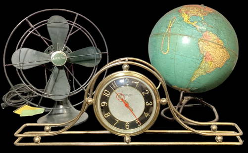 Collection Vintage Desktop Articles Globe, Desk Clock, Airflow Fan: AIRFLOW Electric desk fan measures 13" H x 11" DIA and retains original tags. Lot also includes a MASTER CRAFTERS mantle clock and a world globe. Please contact Rivich Auction for more information.