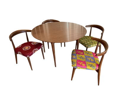 Mid Century Dining Table & Chairs IMO LANE: Table measures 29" H x 47.25" DIA; Dining Room Chairs each measure 29.5" H to the back x 17.5" H to seat x 19" W x 19" D