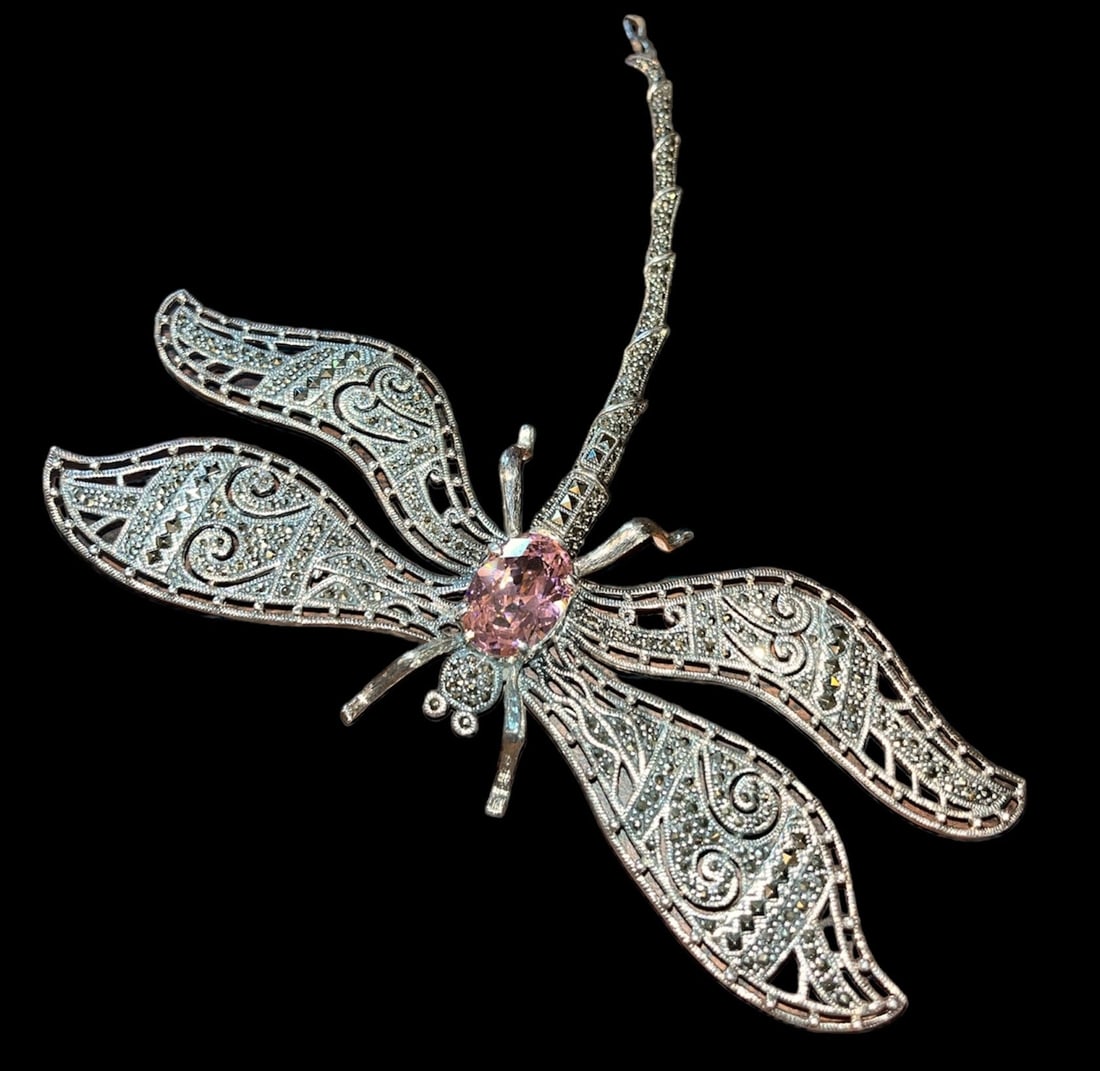 Huge Sterling Silver Marcasite Dragonfly Brooch Pin (1 of 4)