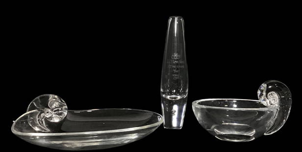 Two STEUBEN Snail Scroll Bowls and an Anniversary Glass: Larger bowl measures 3" H x 8.75" DIAPlease contact Rivich Auction for more information