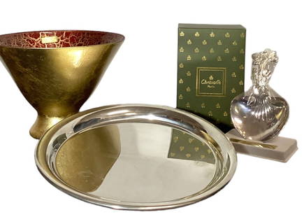 CARTIER Serving Tray, NEIMAN MARCUS Bowl, CHRISTOFLE Strawberry Spoon: Tray measures 1" H x 11" DIA, Neiman Marcus bowl measures 7" H x 9" DIA, Christofle strawberry spoon is 6.5" H x 4" W. Please contact Rivich Auction for more information.