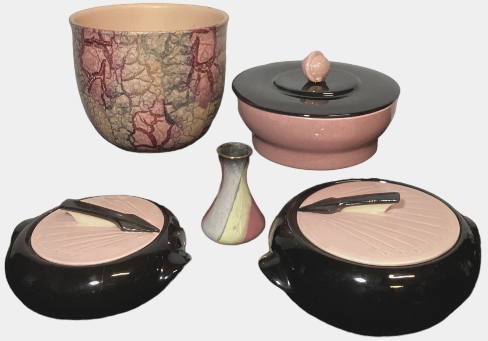 Collection Pink Mid Century Ceramic Pottery: Includes Kenwood Pottery and West Germany made pieces. Largest bowl measures 6.5"H x 8" DIA. Please contact Rivich Auction for more information.