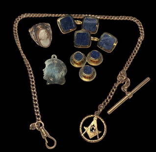Collection 10k, 14k, Gold Masonic, Cameo, Cufflinks, Charm: The cameo ring is 10k gold and the silhouette is 14k gold. The pocket watch chain is 13" total length and the ring is a size 3. The ring weighs 3.5g, the silhouette weighs 1.4g.; Please contact Rivich