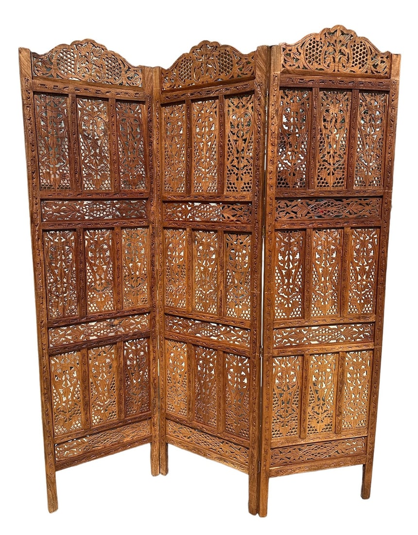 Teak Wood Carved Three-Panel Screen #1 (1 of 4)
