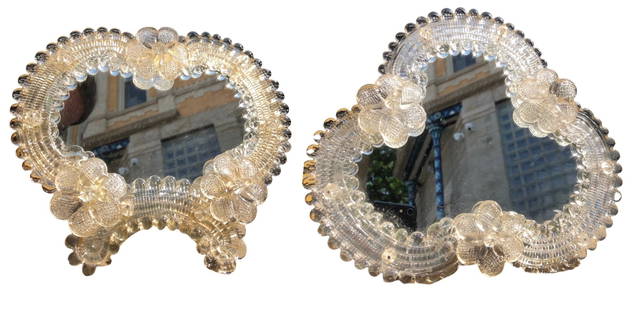 Two Venetian Glass Dresser Mirrors: Larger mirror measures 8" H x 9" W x 4" D. Please contact Rivich Auction for more information