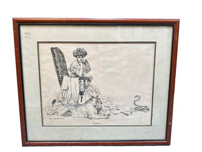 JAMES MONTGOMERY FLAGG Gibson Girl Lithograph: In frame 21.5H x 26.5W , has a lion and snake in photo